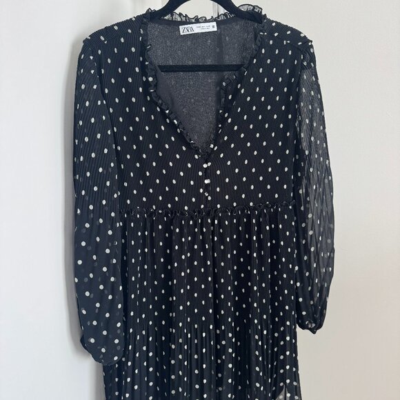 Zara Black & White Polka Dot Pleated Mini Dress (Size XL) - Picture 1 of 2